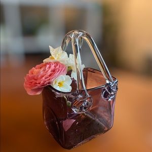 Vintage Murano style Purple Glass Purse Basket Decorative Vase Trinket Dish